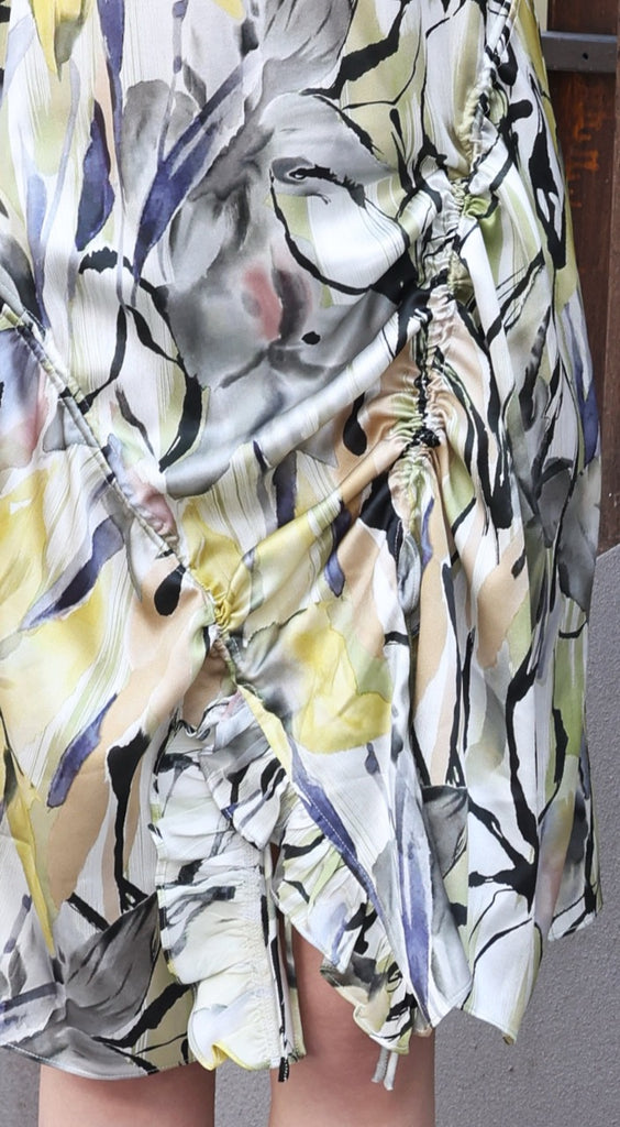 Yellow Print V-neck Ruched Hem High/low Silky Dress