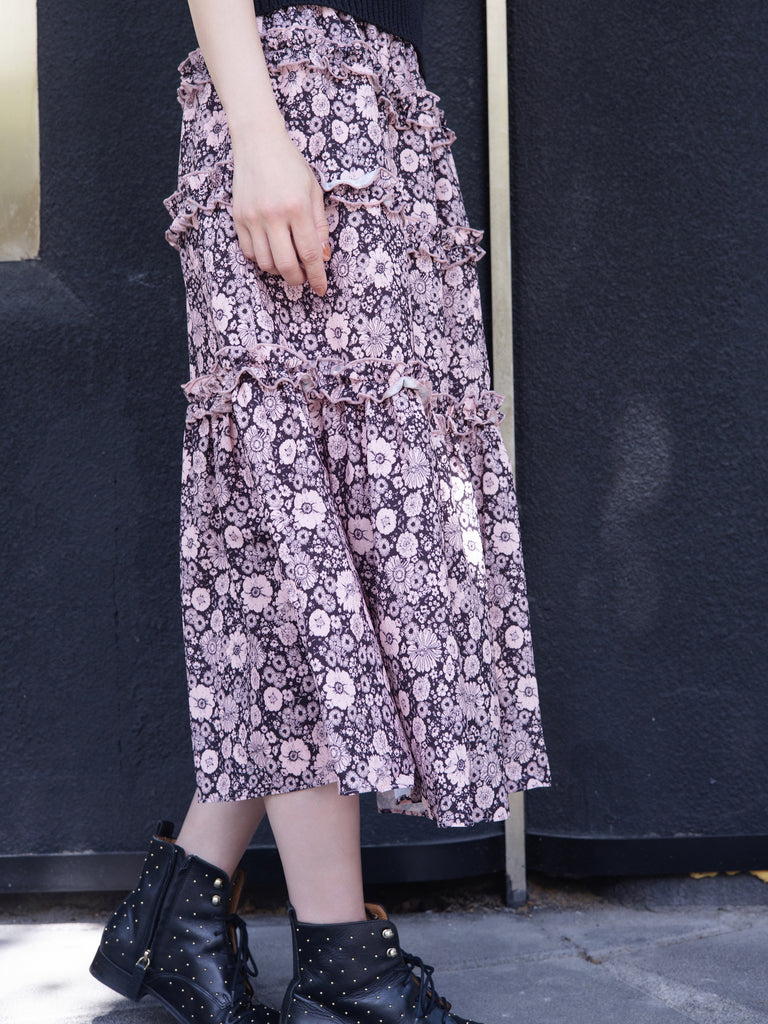 Mono Meadow Ruffle Tiers Chiffon Airy Maxi Skirt