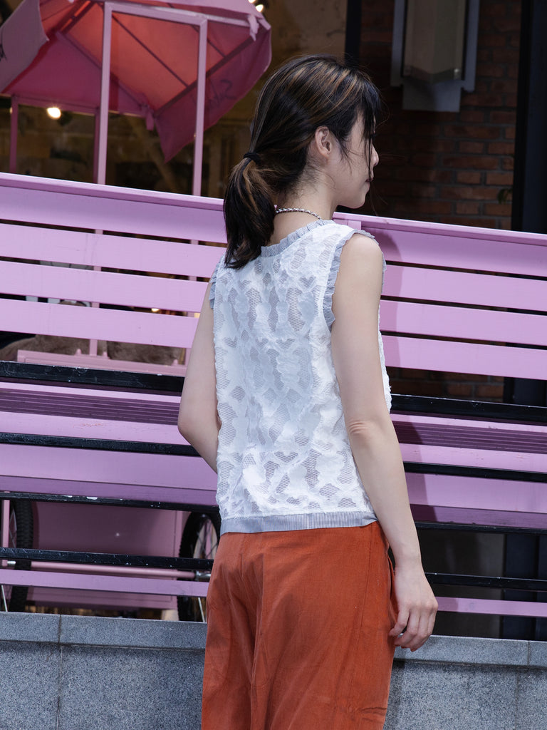 White Textured Lace Striped Ruffle Trim Shell