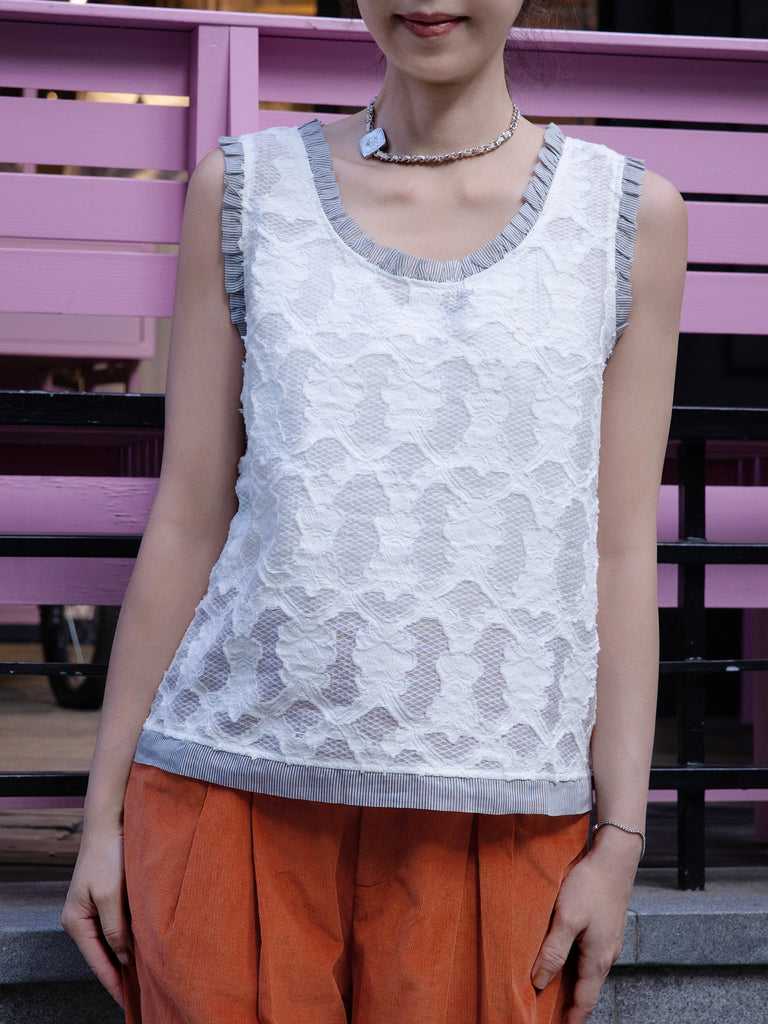 White Textured Lace Striped Ruffle Trim Shell