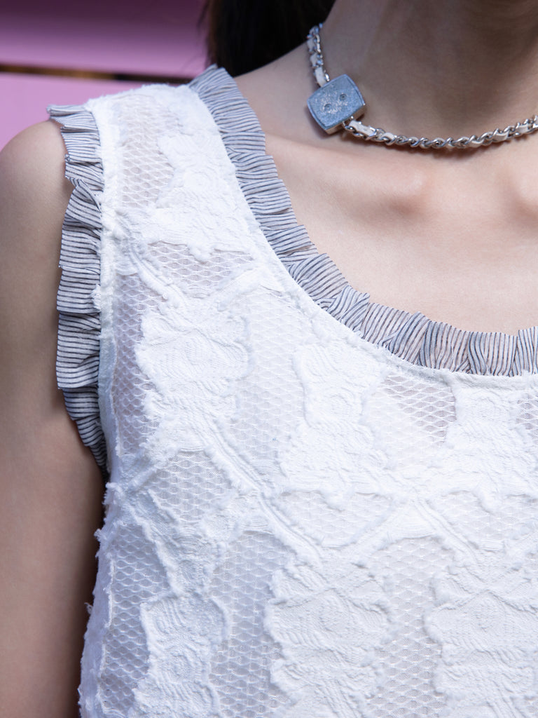 White Textured Lace Striped Ruffle Trim Shell
