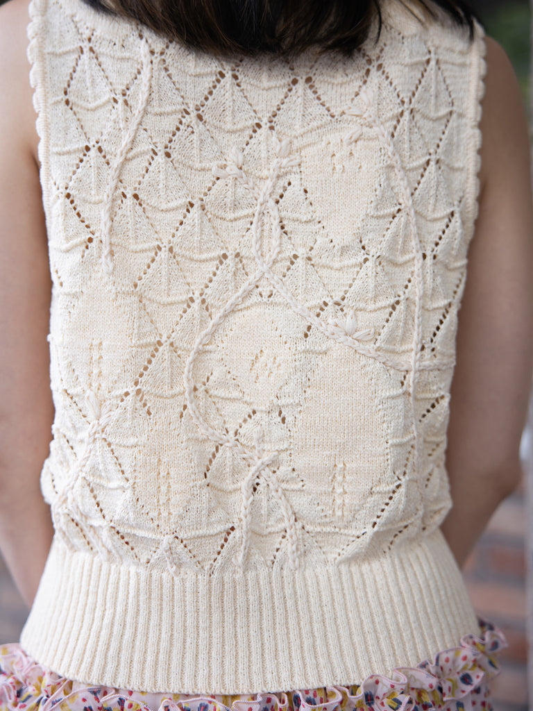 Cream Handknit Crochet Texture Floral Diamond Pattern Tank