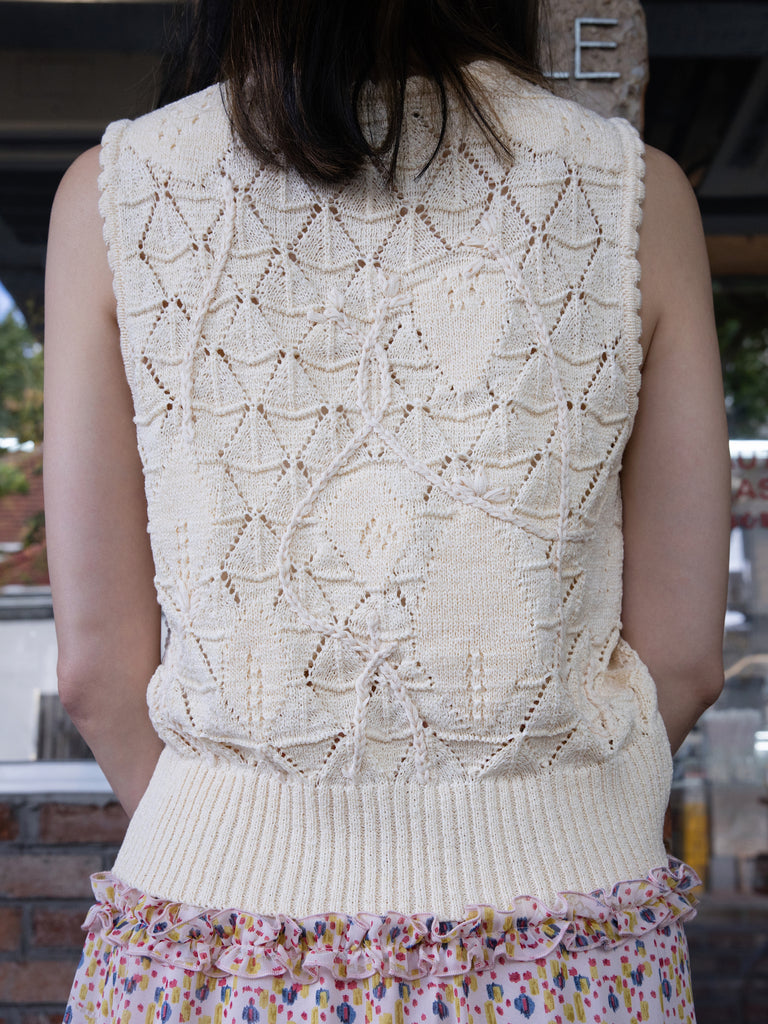 Cream Handknit Crochet Texture Floral Diamond Pattern Tank