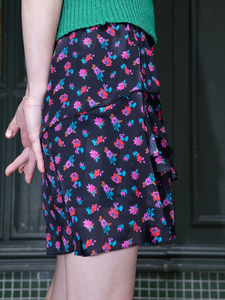 Midnight Blossom Tiered Ruffle Elastic Waist Short Skirt