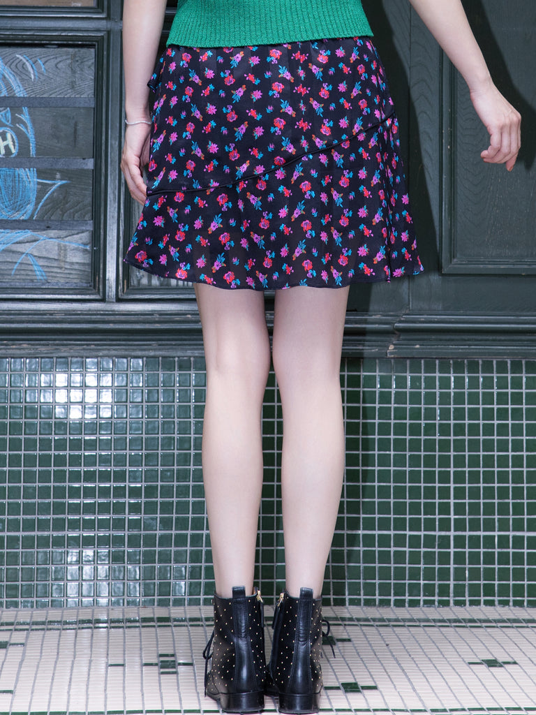 Midnight Blossom Tiered Ruffle Elastic Waist Short Skirt