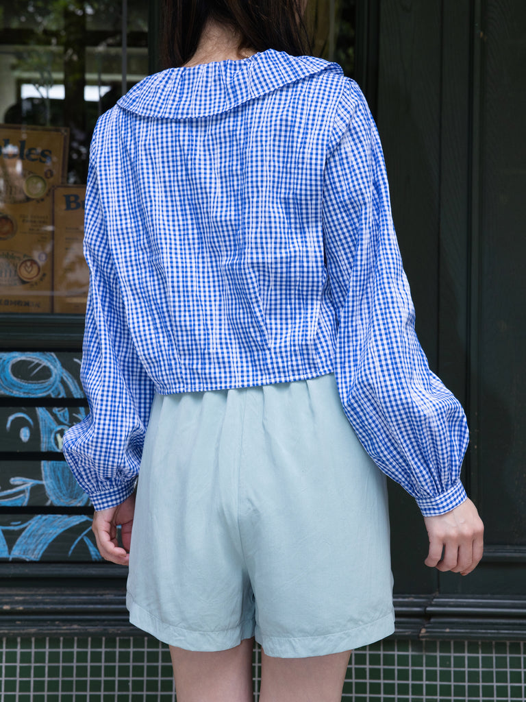 Blue Check Ruffle Collar Balloon Sleeve Wrappy Crop Blouse