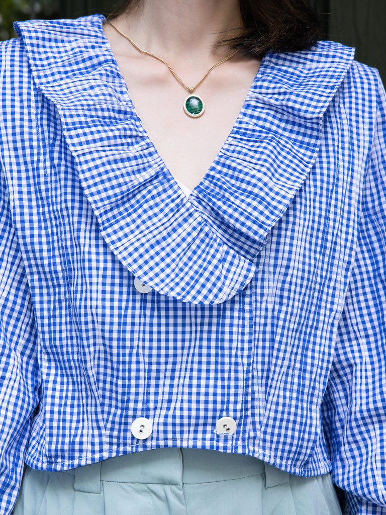 Blue Check Ruffle Collar Balloon Sleeve Wrappy Crop Blouse