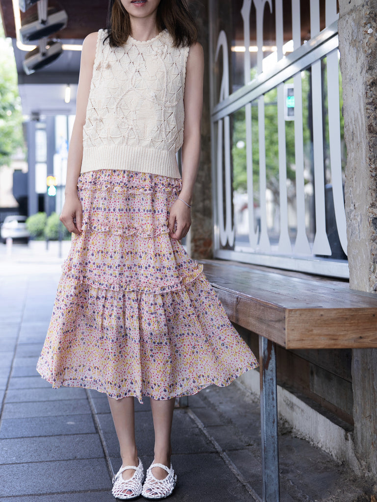 Cream Handknit Crochet Texture Floral Diamond Pattern Tank