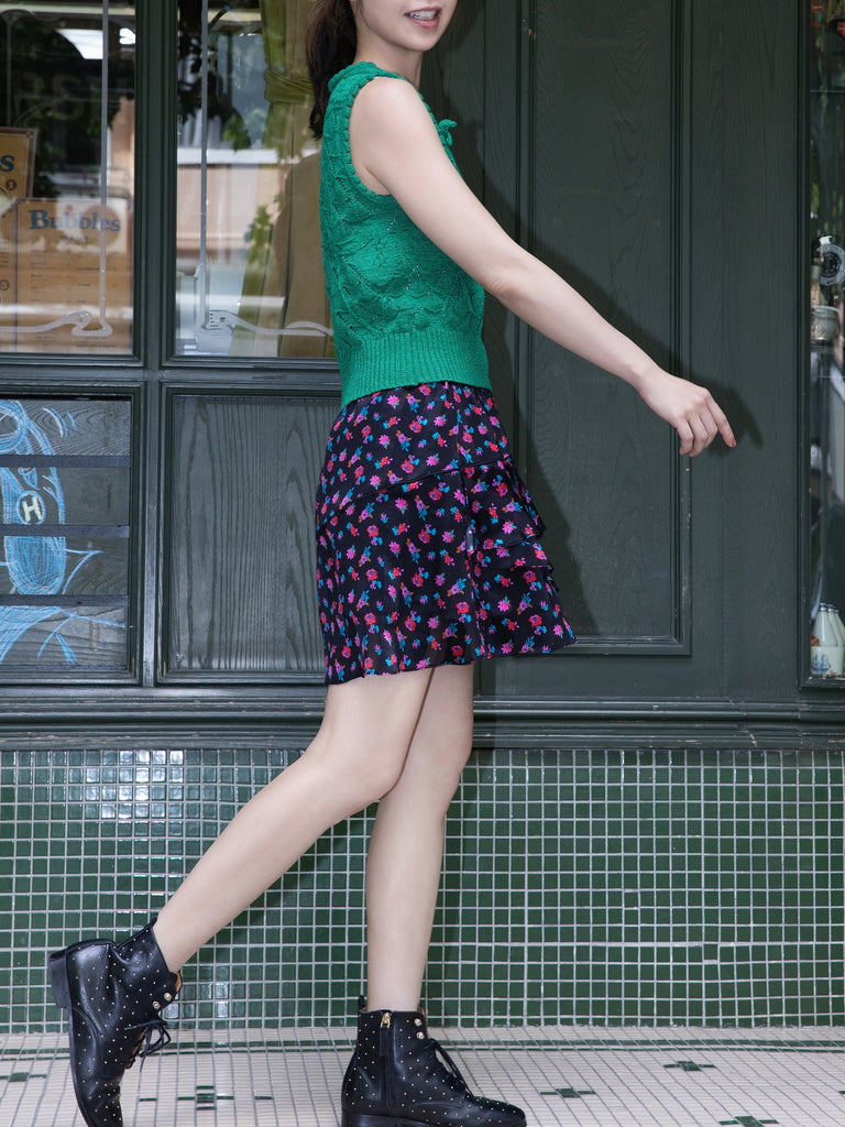 Midnight Blossom Tiered Ruffle Elastic Waist Short Skirt