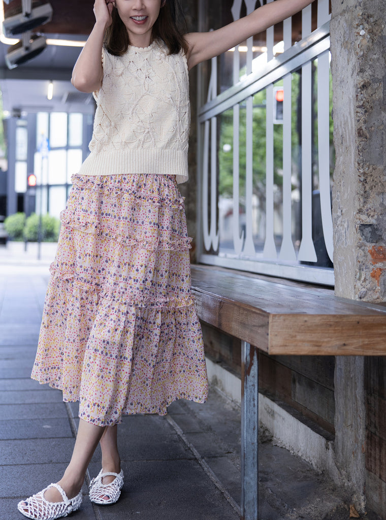 Cream Handknit Crochet Texture Floral Diamond Pattern Tank