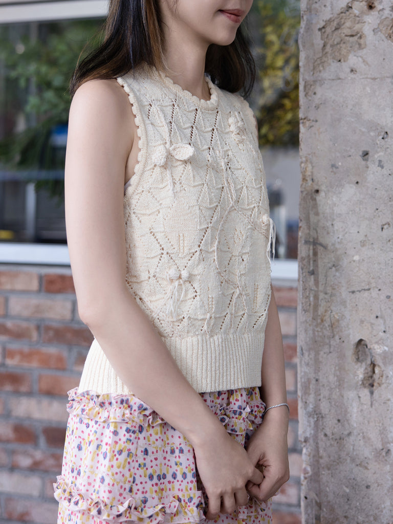 Cream Handknit Crochet Texture Floral Diamond Pattern Tank