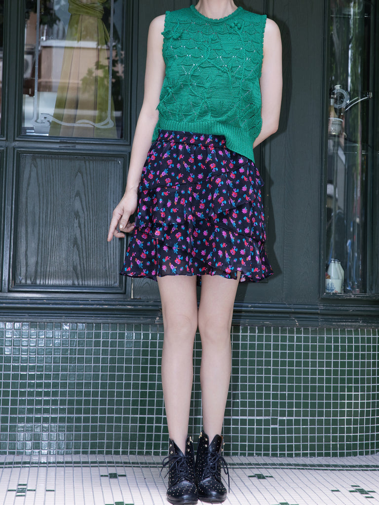 Midnight Blossom Tiered Ruffle Elastic Waist Short Skirt