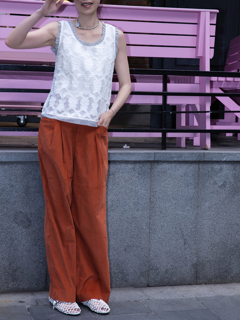 White Textured Lace Striped Ruffle Trim Shell