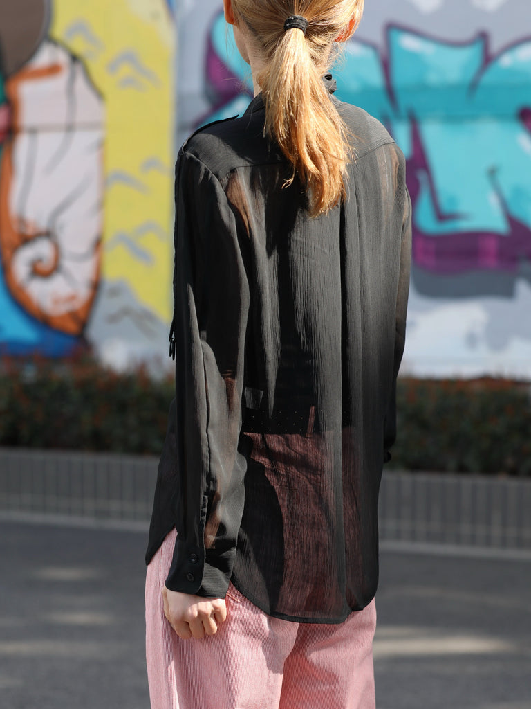 Final Sale! Black Sheer Chiffon Utility Pocket Roll-Tab Sleeve Shirt