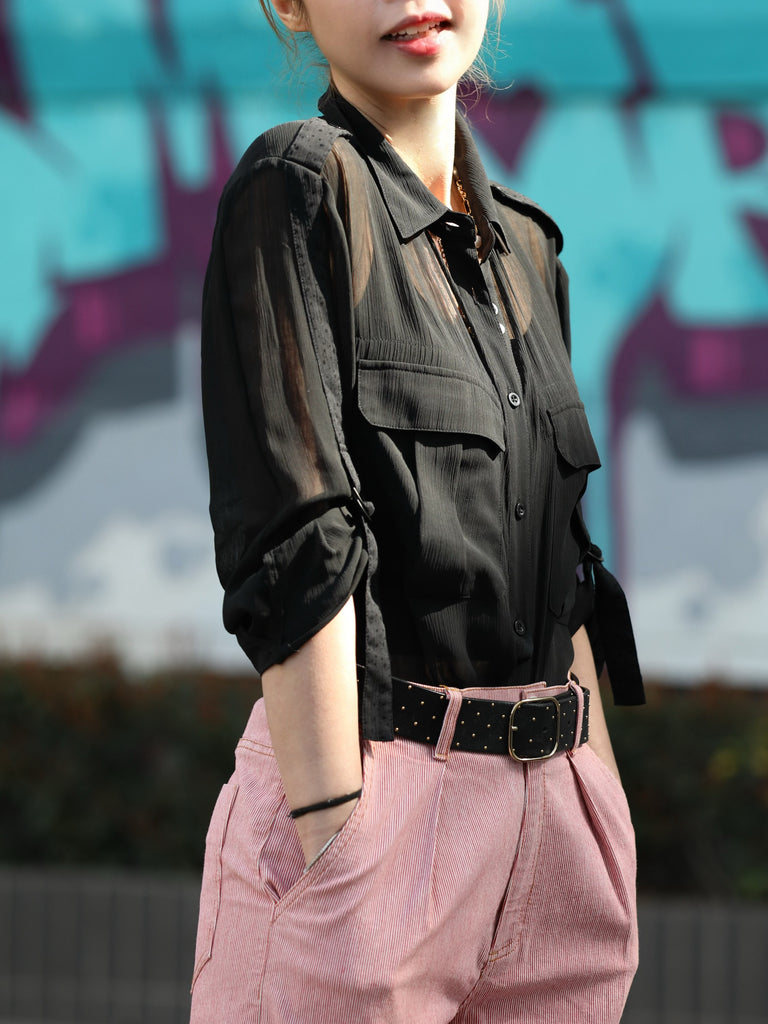 Final Sale! Black Sheer Chiffon Utility Pocket Roll-Tab Sleeve Shirt