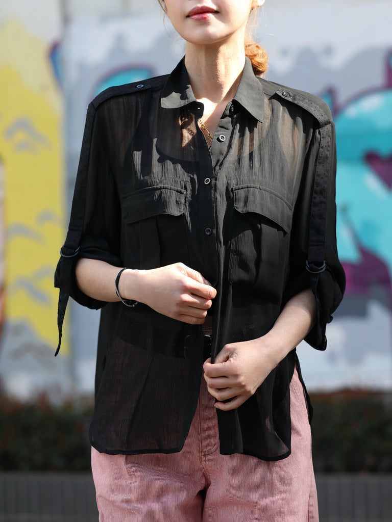 Final Sale! Black Sheer Chiffon Utility Pocket Roll-Tab Sleeve Shirt