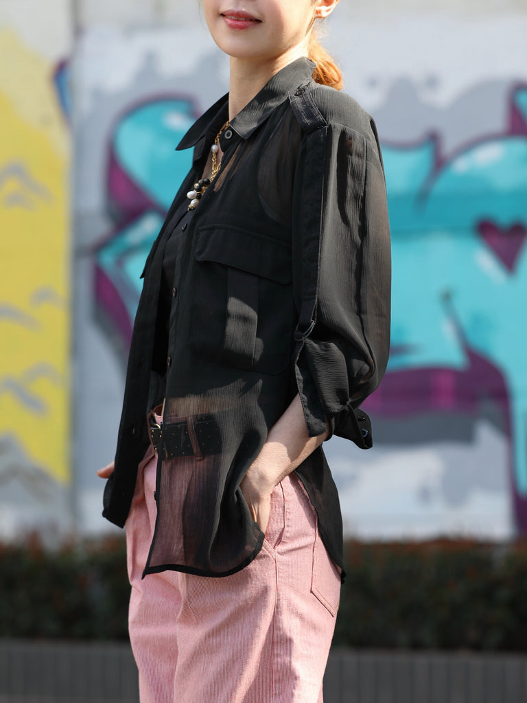 Final Sale! Black Sheer Chiffon Utility Pocket Roll-Tab Sleeve Shirt