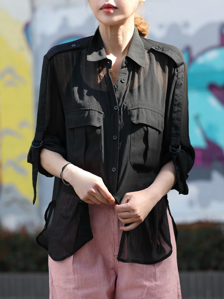 Final Sale! Black Sheer Chiffon Utility Pocket Roll-Tab Sleeve Shirt