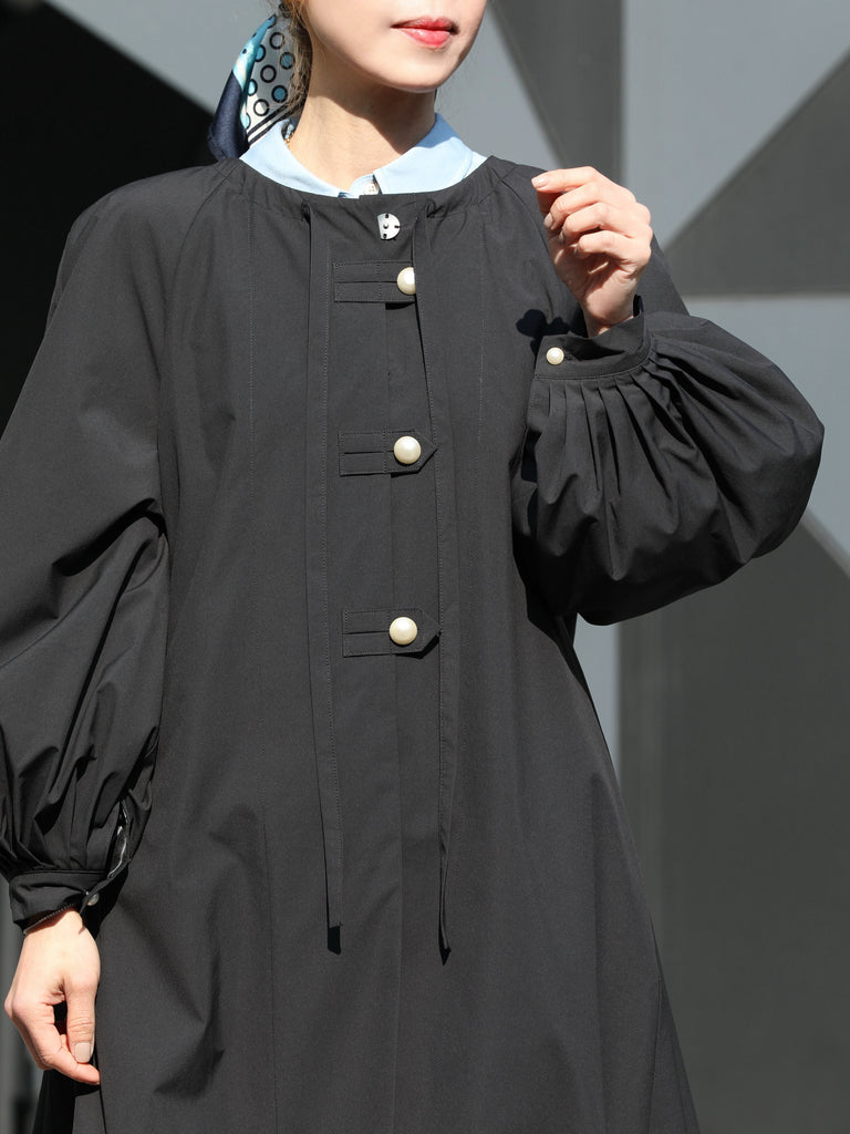 Black Balloon Sleeve Lightweight Showerproof Drawstring Parka