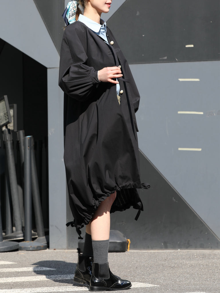 Black Balloon Sleeve Lightweight Showerproof Drawstring Parka