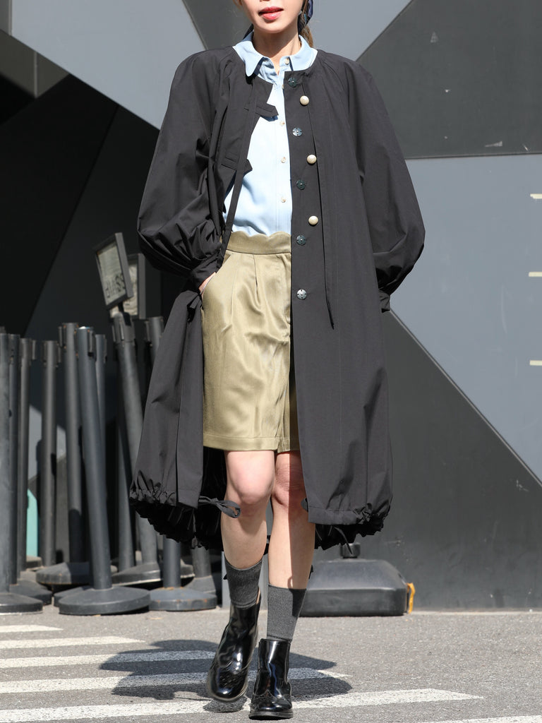 Black Balloon Sleeve Lightweight Showerproof Drawstring Parka