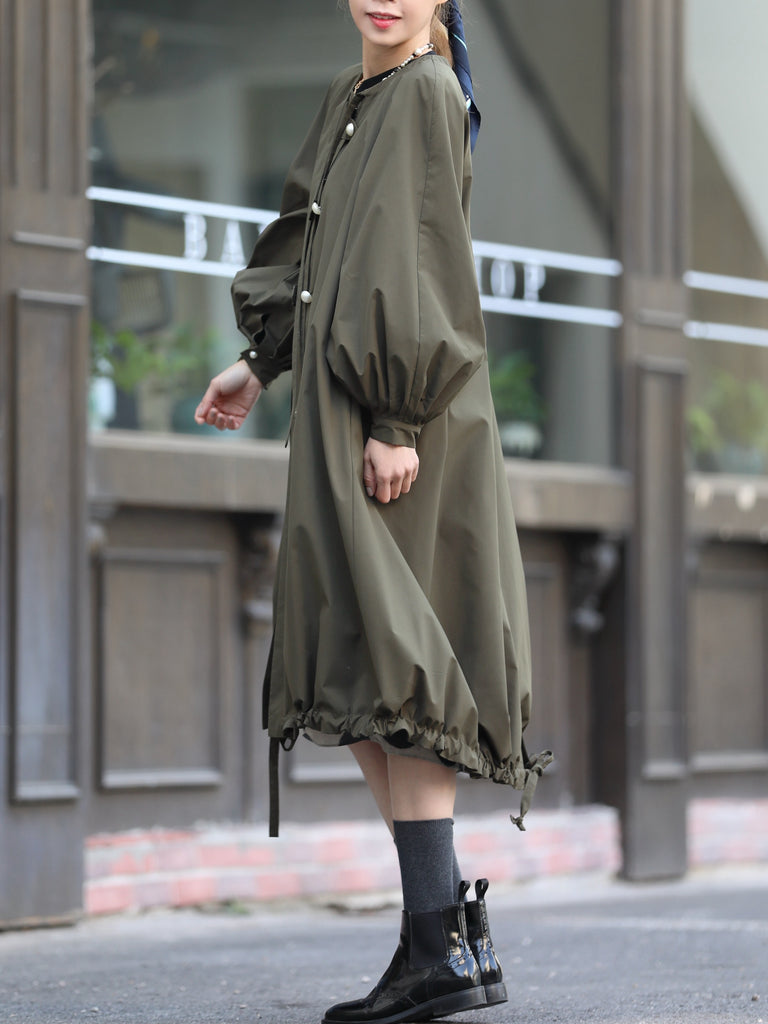 Olive Balloon Sleeve Lightweight Showerproof Drawstring Parka
