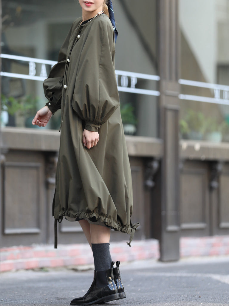 Olive Balloon Sleeve Lightweight Showerproof Drawstring Parka