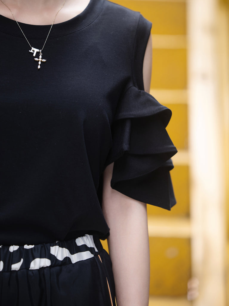 Black Jersey Cold-Shoulder Layered Ruffle Sleeve Top