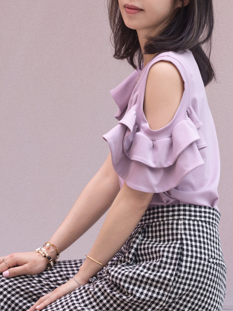 Lilac Jersey Cold-Shoulder Layered Ruffle Sleeve Top