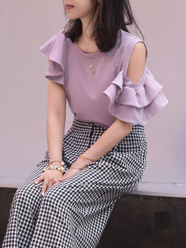 Lilac Jersey Cold-Shoulder Layered Ruffle Sleeve Top