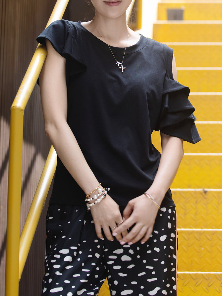 Black Jersey Cold-Shoulder Layered Ruffle Sleeve Top
