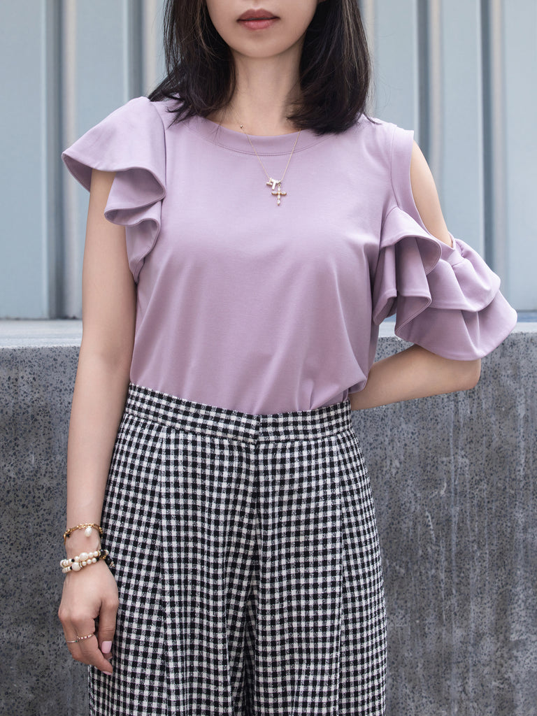 Lilac Jersey Cold-Shoulder Layered Ruffle Sleeve Top