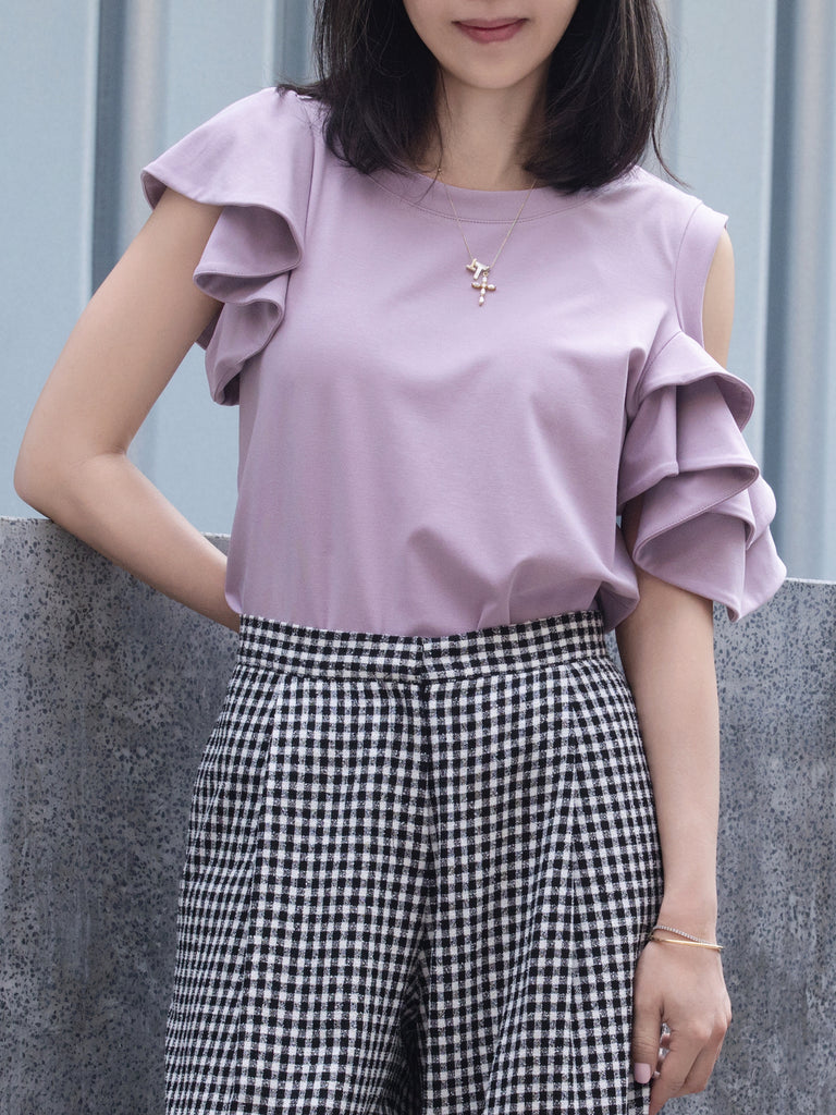 Lilac Jersey Cold-Shoulder Layered Ruffle Sleeve Top