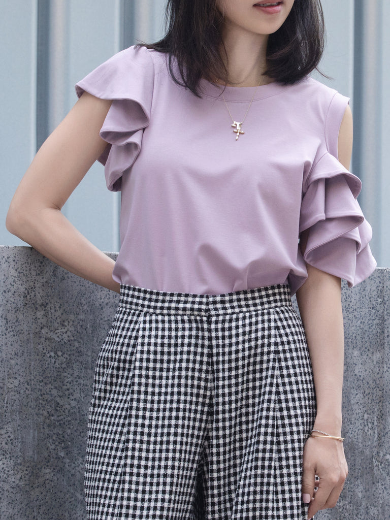 Lilac Jersey Cold-Shoulder Layered Ruffle Sleeve Top