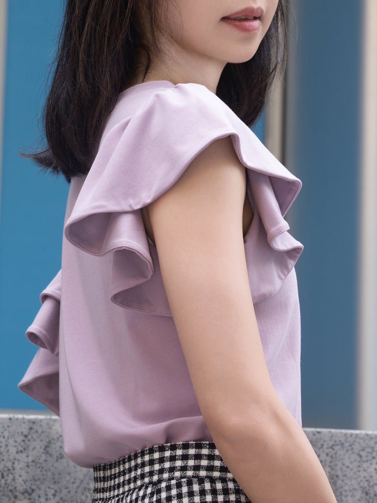 Lilac Jersey Cold-Shoulder Layered Ruffle Sleeve Top