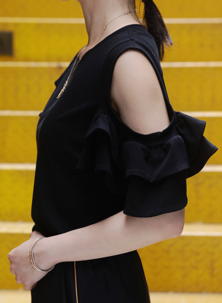 Black Jersey Cold-Shoulder Layered Ruffle Sleeve Top