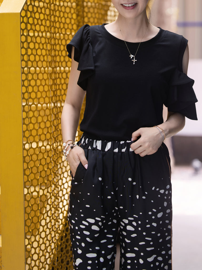 Black Jersey Cold-Shoulder Layered Ruffle Sleeve Top