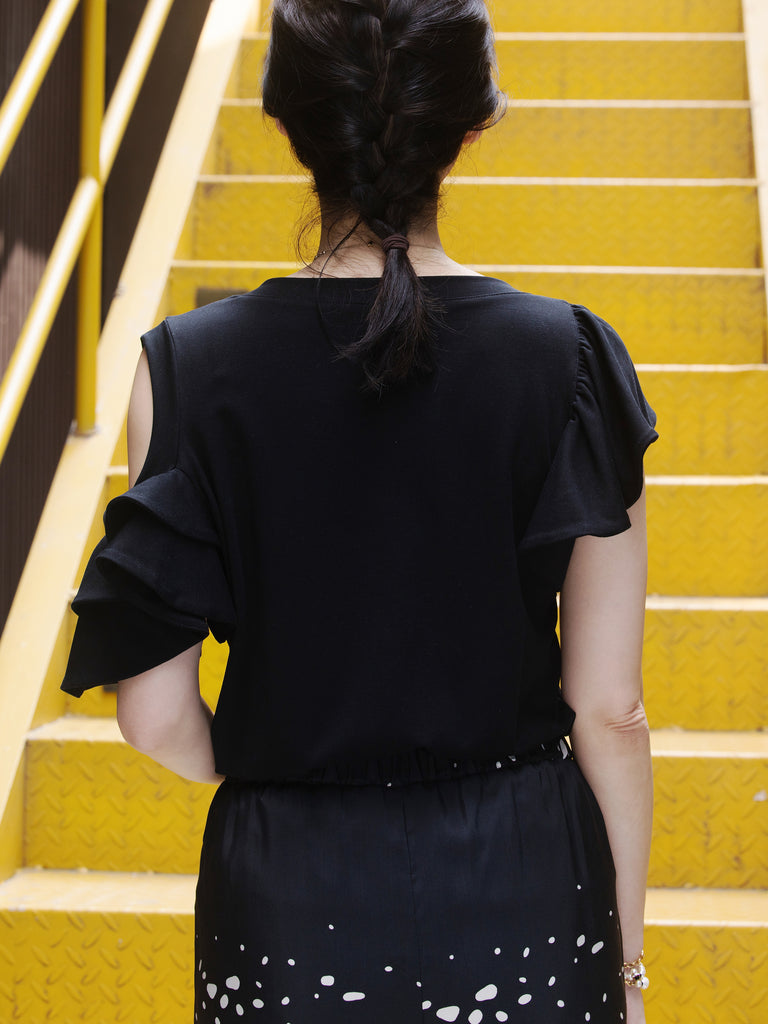 Black Jersey Cold-Shoulder Layered Ruffle Sleeve Top