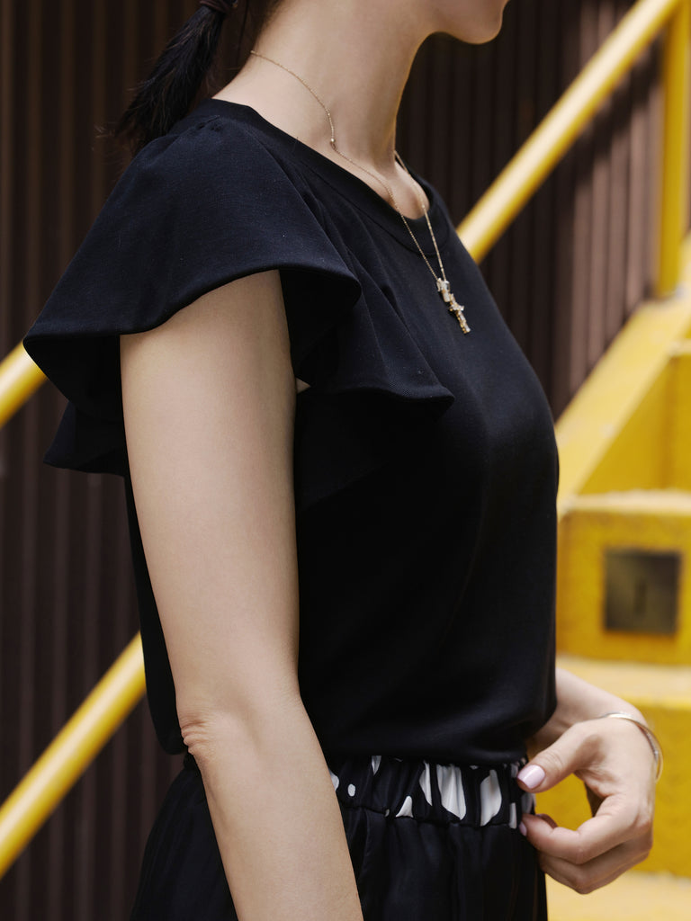 Black Jersey Cold-Shoulder Layered Ruffle Sleeve Top