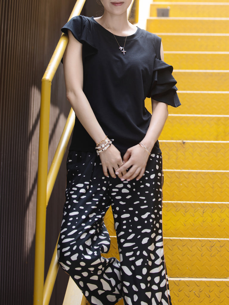 Black Jersey Cold-Shoulder Layered Ruffle Sleeve Top