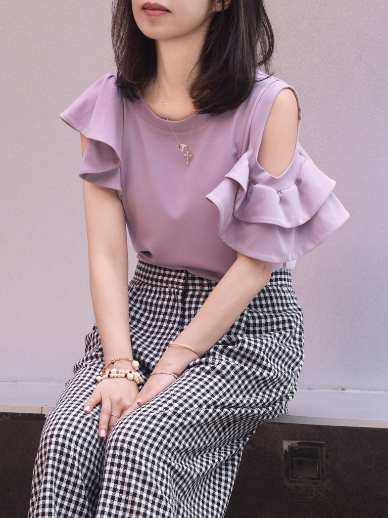 Lilac Jersey Cold-Shoulder Layered Ruffle Sleeve Top