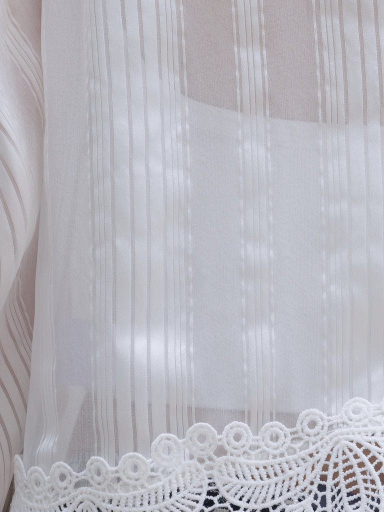 White Tonal Stripe Pleated Yoke Lace Trim Blouse