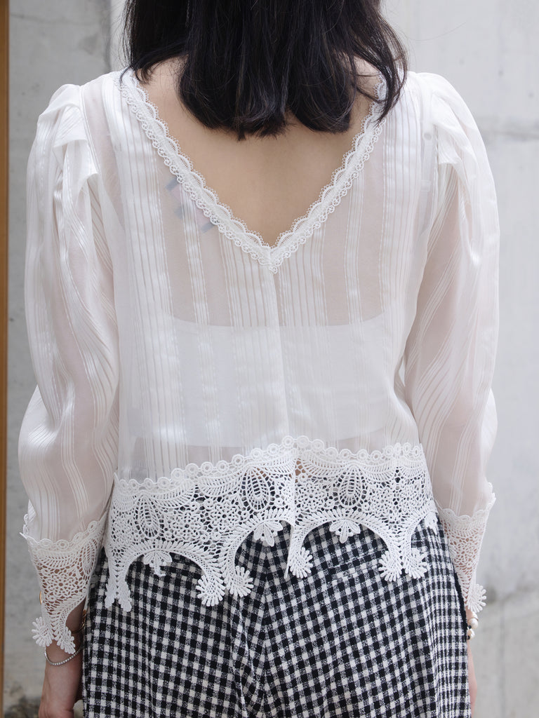 White Tonal Stripe Pleated Yoke Lace Trim Blouse