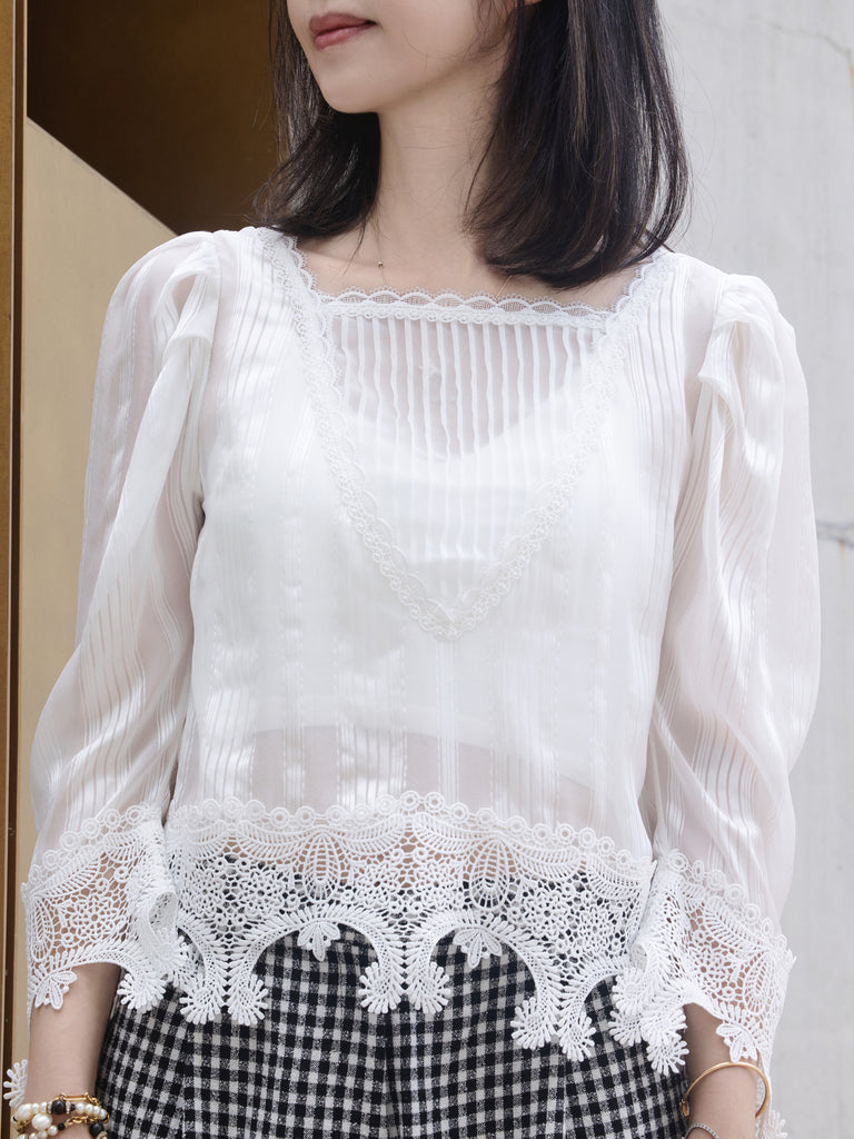 White Tonal Stripe Pleated Yoke Lace Trim Blouse