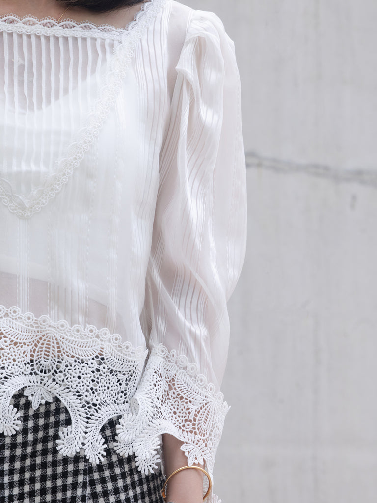 White Tonal Stripe Pleated Yoke Lace Trim Blouse