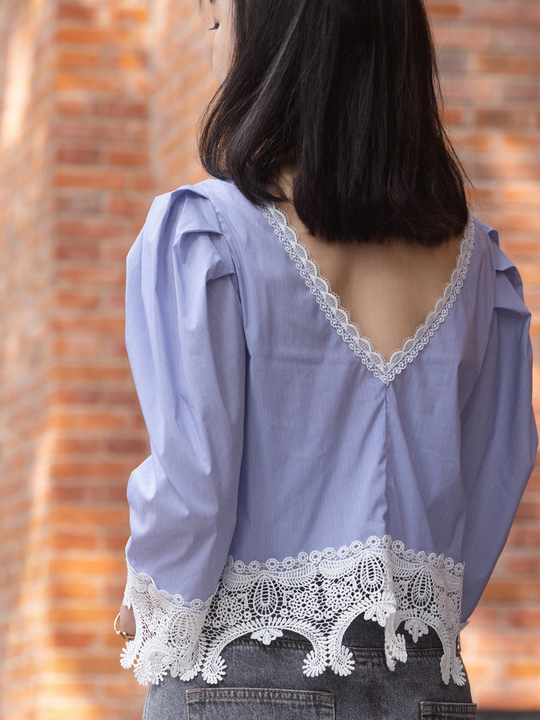 Blue Pinstripe Pleated Yoke Lace Trim Blouse
