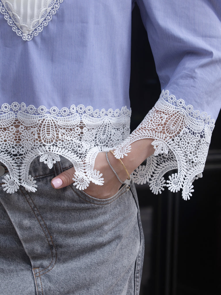 Blue Pinstripe Pleated Yoke Lace Trim Blouse