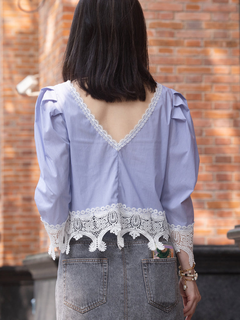 Blue Pinstripe Pleated Yoke Lace Trim Blouse
