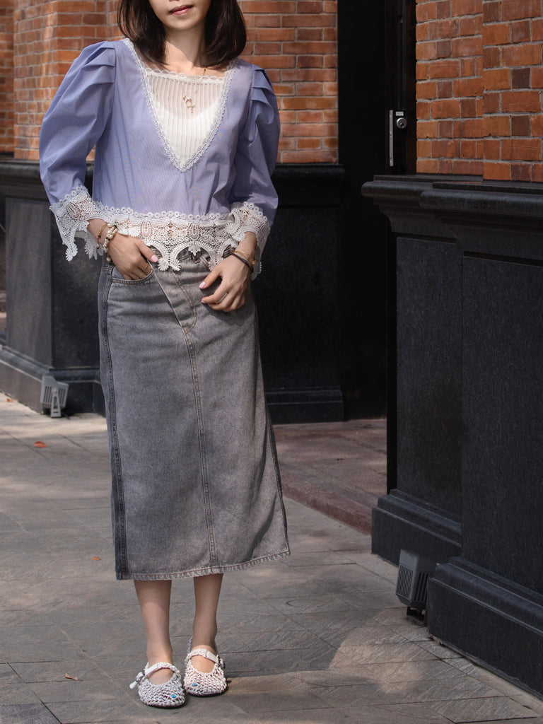 Blue Pinstripe Pleated Yoke Lace Trim Blouse