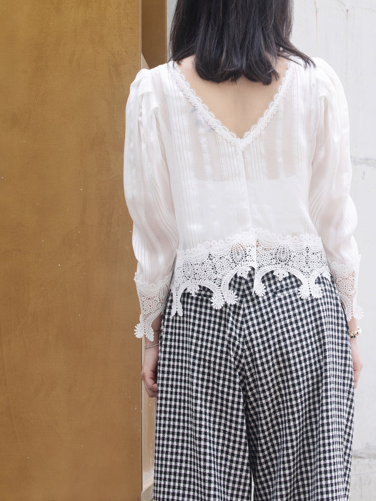 White Tonal Stripe Pleated Yoke Lace Trim Blouse